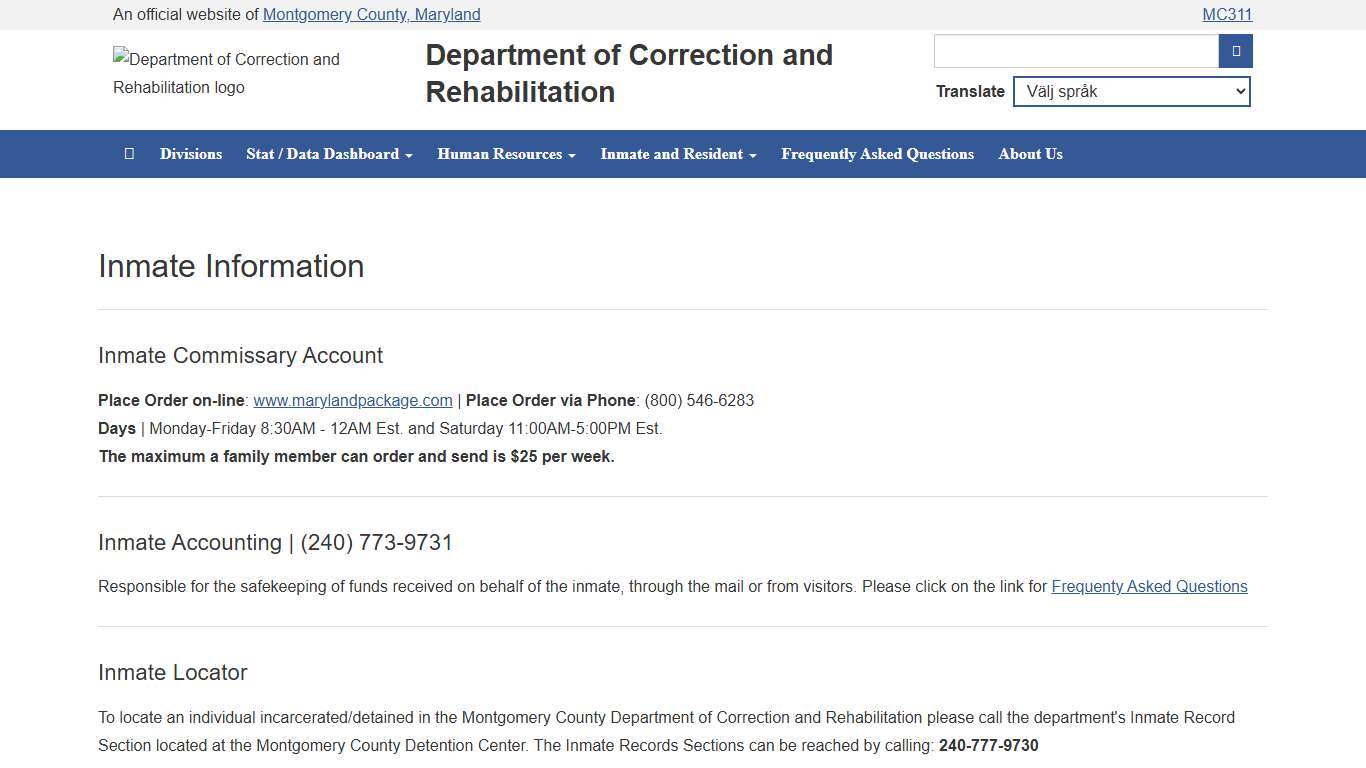 Inmate Information Department of Correction and Rehabilitation, Montgomery County Maryland